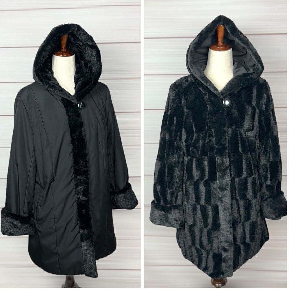 NWT New Dennis Basso Hooded Reversible Black Faux Fur Short Coat Jacket S